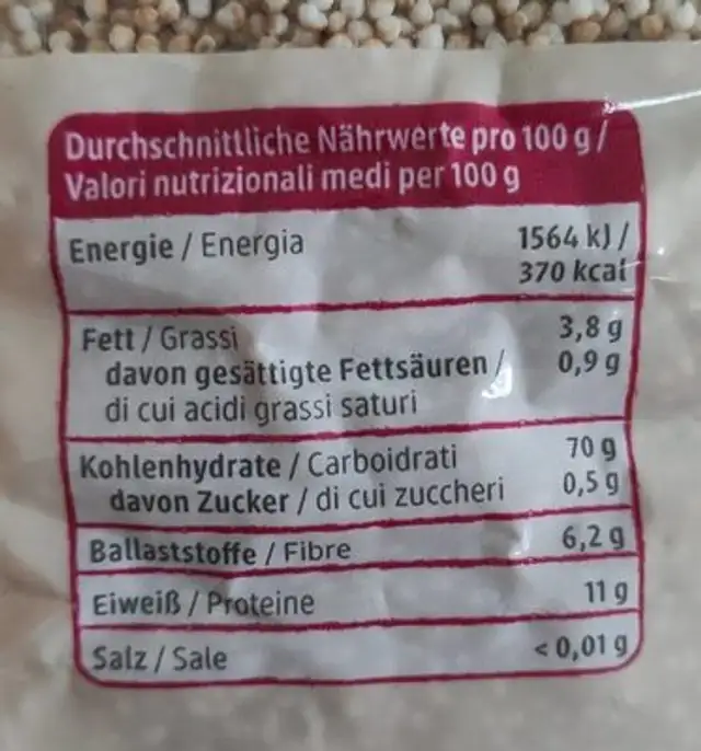 Amaranth Gepufft nutrition facts table