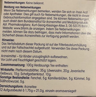 Verdauungstee ingredients label