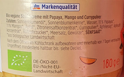 Streichcreme Curry-Papaya Mango ingredients label