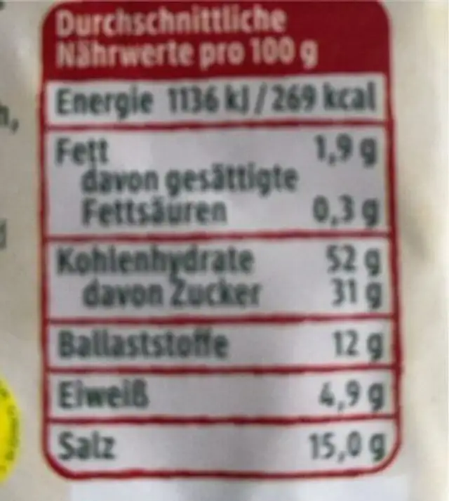Viva al Gusto nutrition facts table