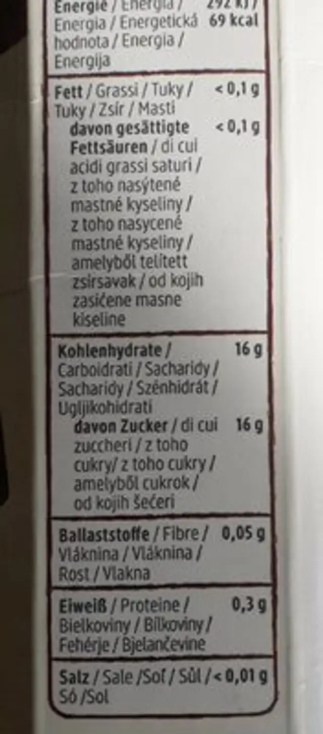 Traubensaft nutrition facts table