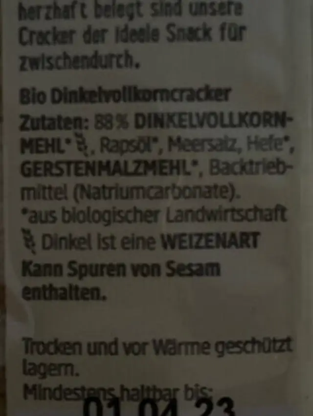 Dinkel Cracker ingredients label
