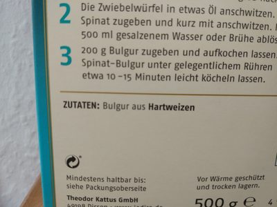 Bulgur ingredients label