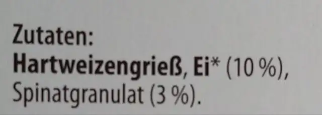 Spinatspätzle ingredients label