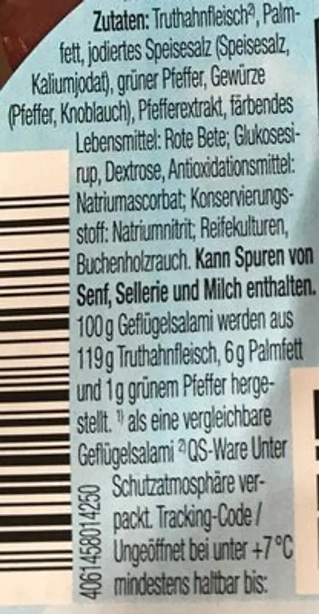 Geflügel-Salami ingredients label