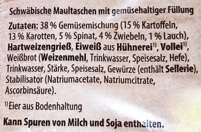 Schwäbische Maultaschen mit Gemüse-Füllung ingredients label
