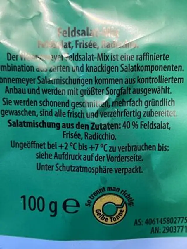 Feldsalat Mix ingredients label