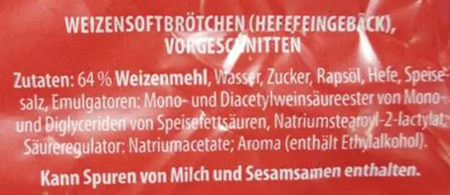HOT DOG Brötchen ingredients label