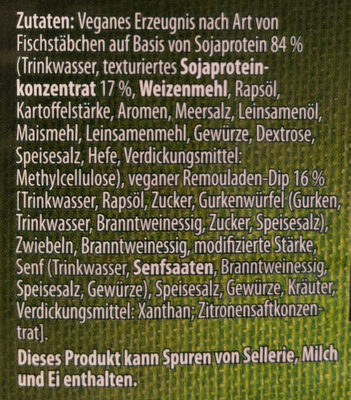 Vegane Fisch-Stäbchen (mit veganer Remoulade) ingredients label