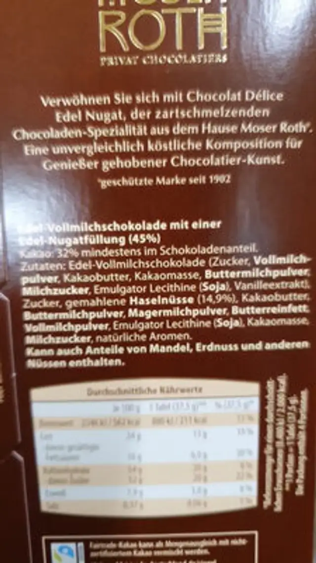 Chocolat ingredients label
