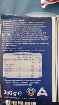 Pasta Bowl Spaghetti Carbonara ingredients label