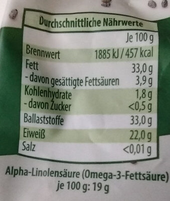 ALDI SCHNEEKOPPE Bio-Chiasamen  Reich an Ballaststoffen und Omega-3-Fettsäuren kontrolliert ökologische Erzeugung 300g 1.99€ 1kg 6.63€ nutrition facts table