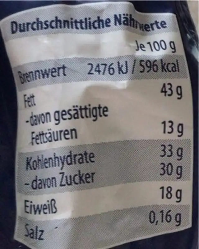 Erdnussberge mit Vollmilchschokolade nutrition facts table