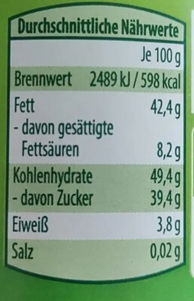 Bio-Cashewcreme nutrition facts table