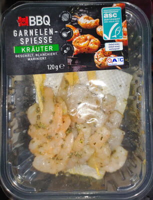 Garnelen-Spieße, geschält, blanchiert, mariniert - Kräuter