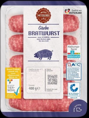 ALDI MEINE METZGEREI Schwein Grobe Bratwurst  Frisch; vom Schwein; zum Braten oder für den Grill     Aus der Frischetruhe 2.99 400-g-Packung kg = 7.48 front packaging