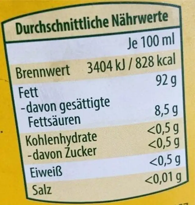 ALDI BELLASAN Frittieröl XXL Ideal zum Braten, Frittieren und fürs Fondue 3.29€ 2L Flasche Liter 1.65€ nutrition facts table