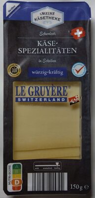 ALDI MEINE KÄSETHEKE Schweizer Käsescheiben Hergestellt in der Schweiz Le Gruyère z. T. mit Rohmilch hergestellt Aus der Kühlung 3.49€ 150g Packung 1kg 23.27€