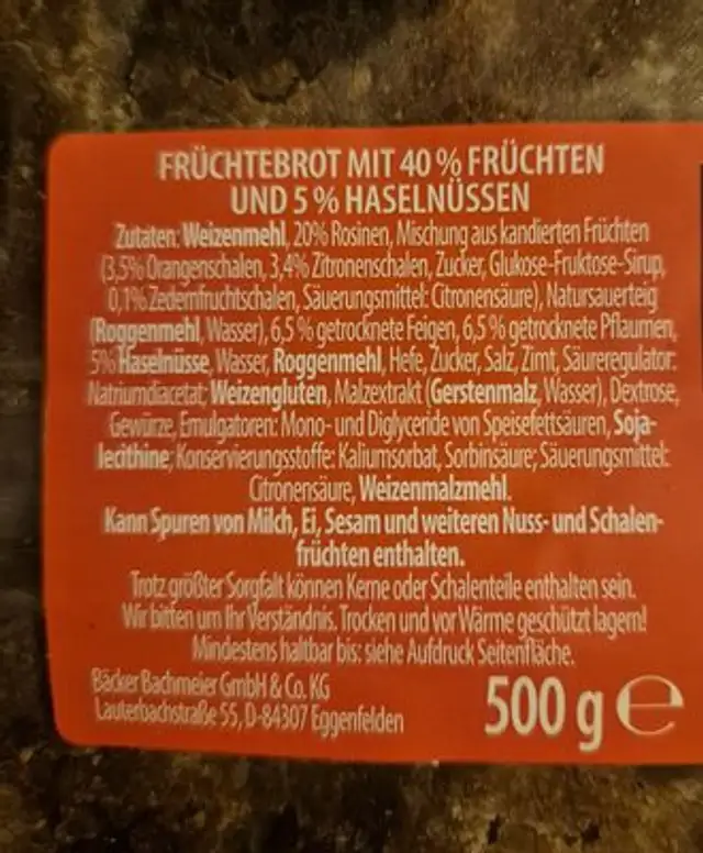 Früchtebrot ingredients label