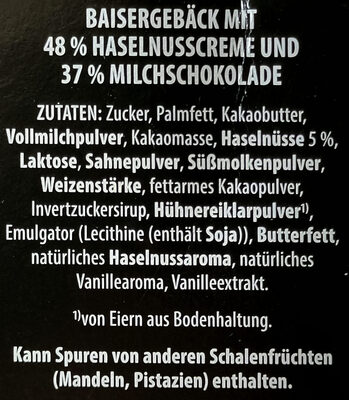 Schoko Haselnuss Baiser Törtchen ingredients label