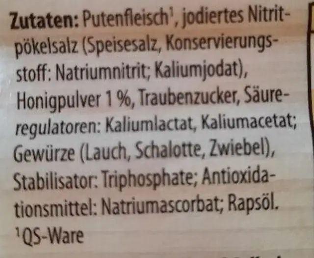 Putenbrust mit Honig ingredients label