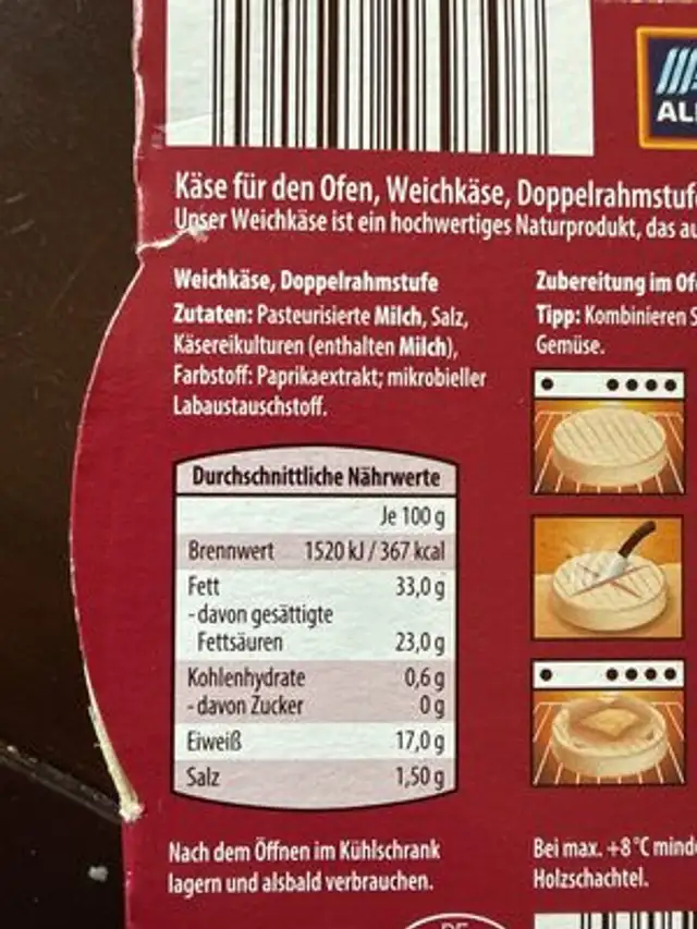 ALDI HOFBURGER Käse für den Ofen 180g 2.29€ 1kg 12.72€ ingredients label