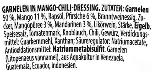 Garnelen Mango-Chili ingredients label
