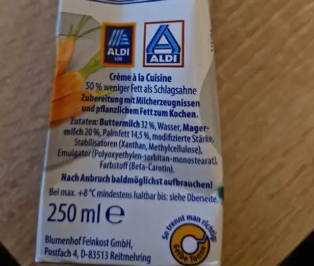 Crème à la Cuisine zum Kochen ingredients label