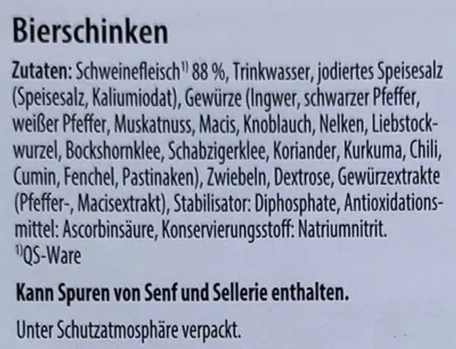 Bierschinken ingredients label
