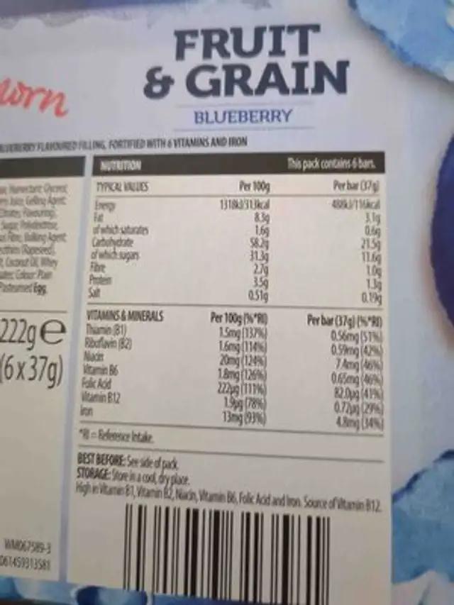 Fruit & Grain Blueberry Bars nutrition facts table