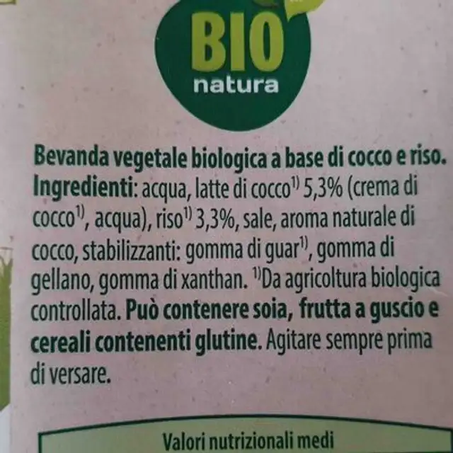 Bevanda Cocco e Riso Bio ingredients label
