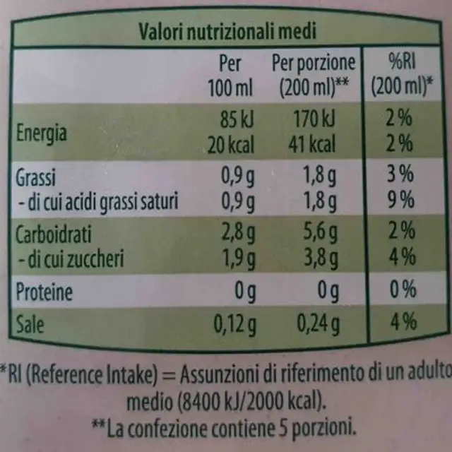 Bevanda Cocco e Riso Bio nutrition facts table