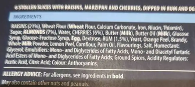 Stollen Slices ingredients label