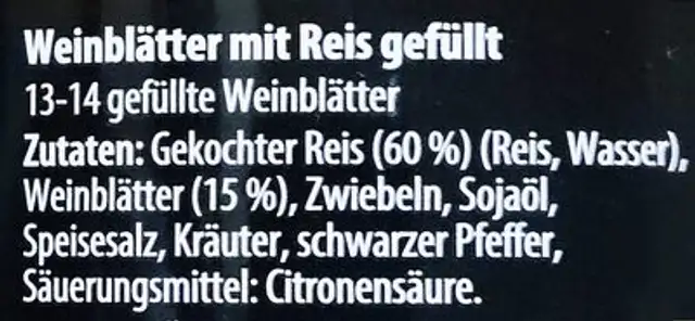 Weinblätter gefüllt mit Reis XXL ingredients label