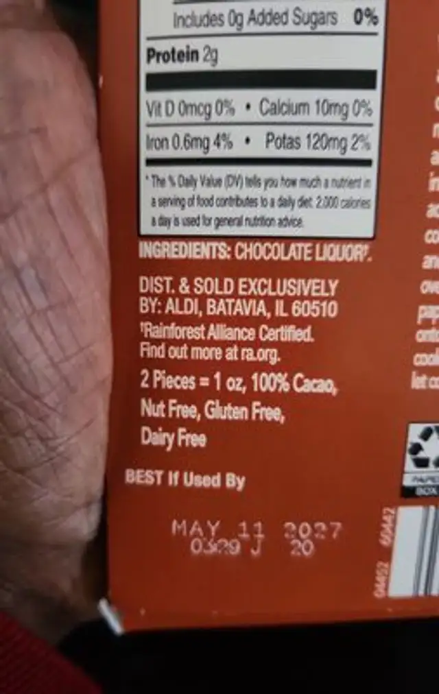 Chocolate Baking Bar ingredients label
