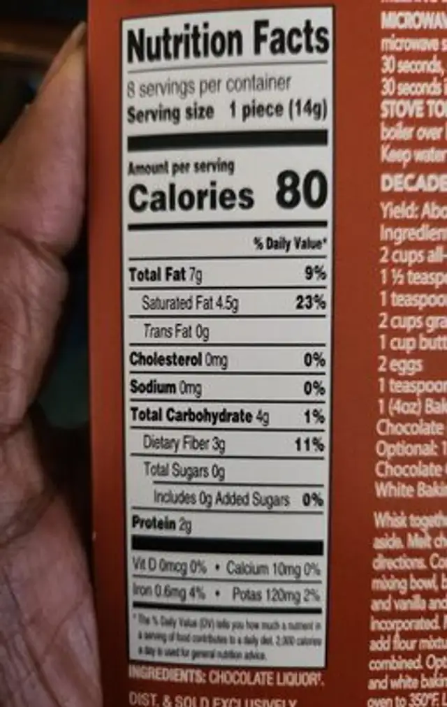 Chocolate Baking Bar nutrition facts table
