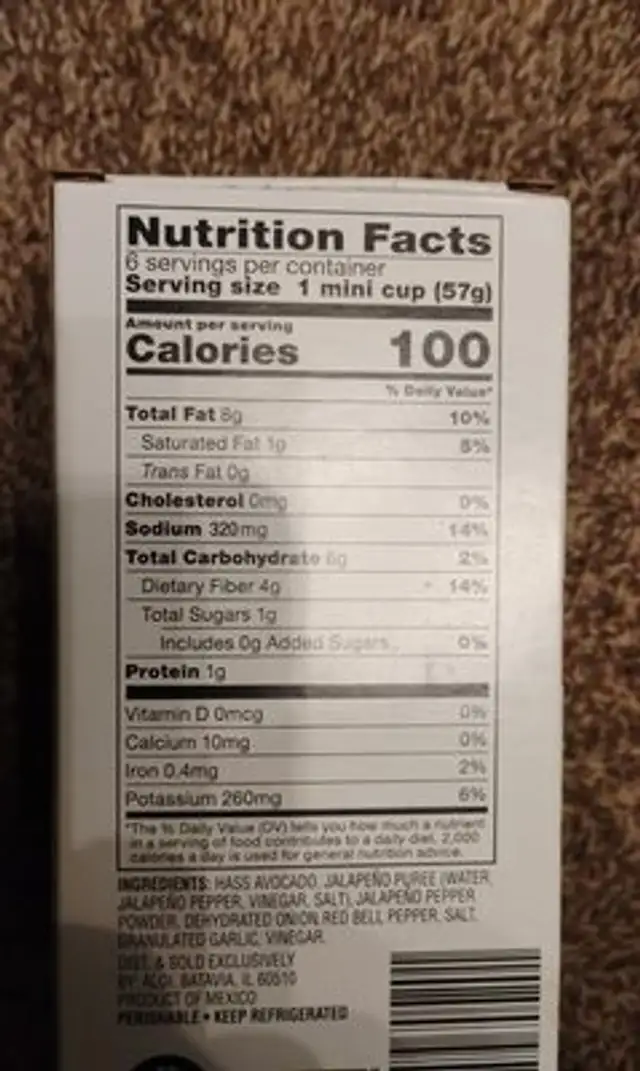Guacamole nutrition facts table