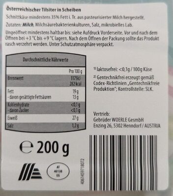 Tilsiter nutrition facts table