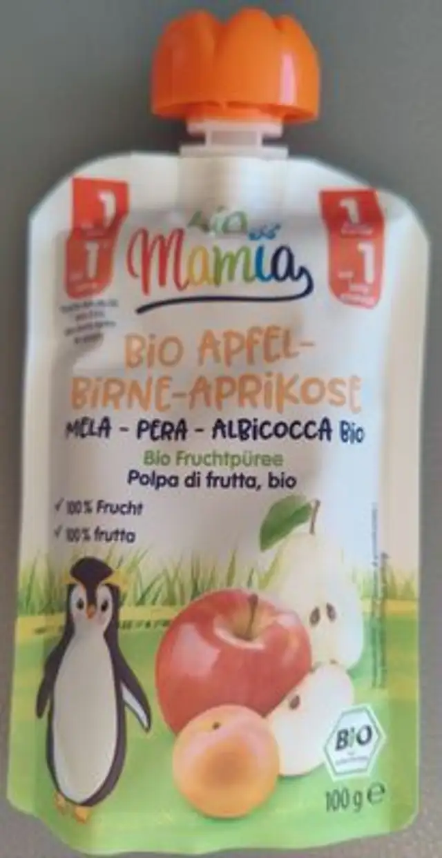 Bio-Fruchtpüree - Apfel-Birne-Aprikose front packaging