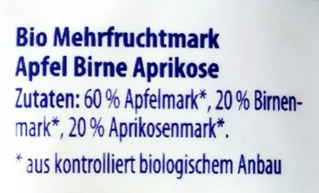 Bio-Fruchtpüree - Apfel-Birne-Aprikose ingredients label