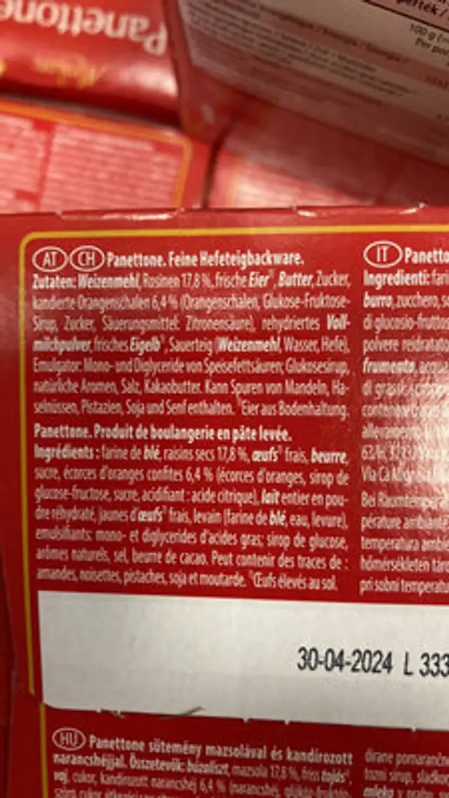 Panettone ingredients label