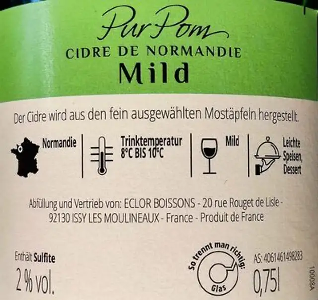 Cidre de Normandie - Mild ingredients label