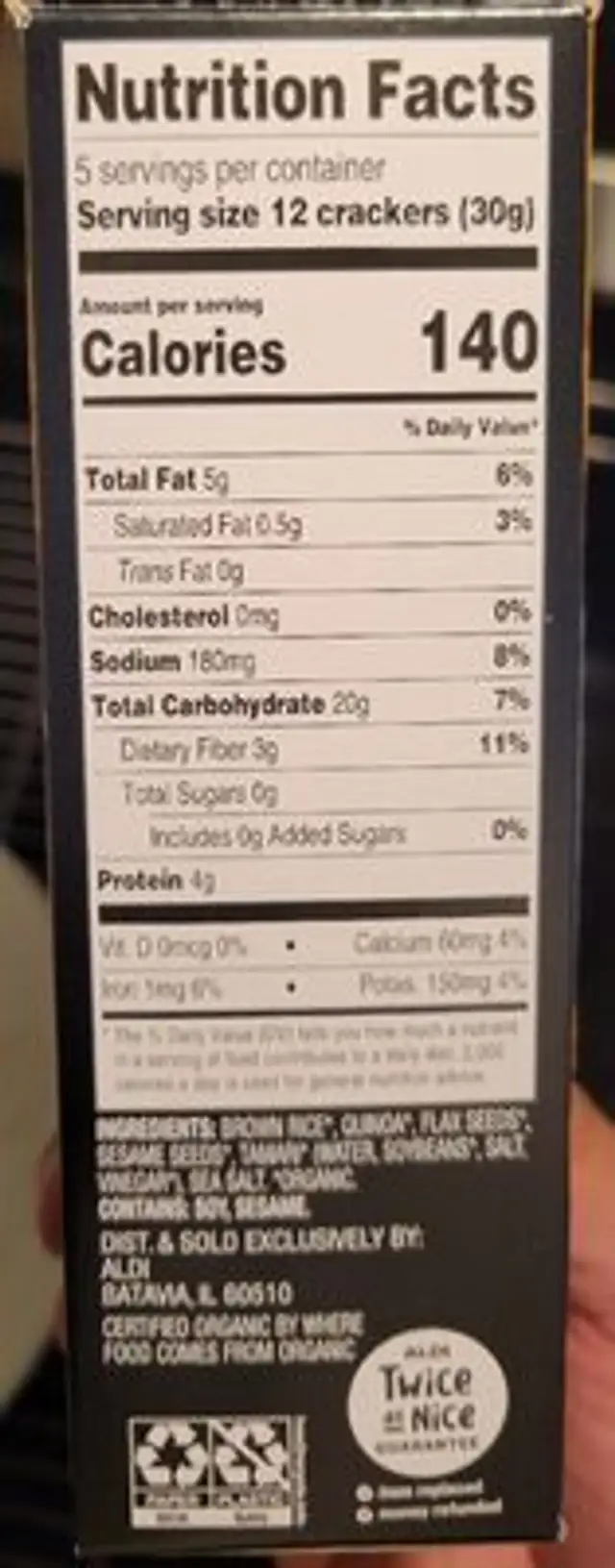 Original Seeded Crackers nutrition facts table