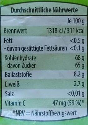 Ananas Stücke getrocknet nutrition facts table