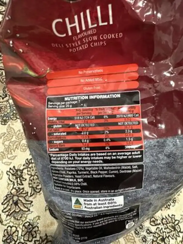 Chilli Deli Style Potato Chips nutrition facts table