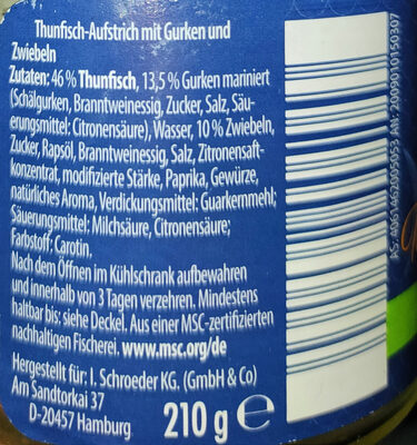 Thunfisch-Aufstrich - Gurke-Zwiebel ingredients label