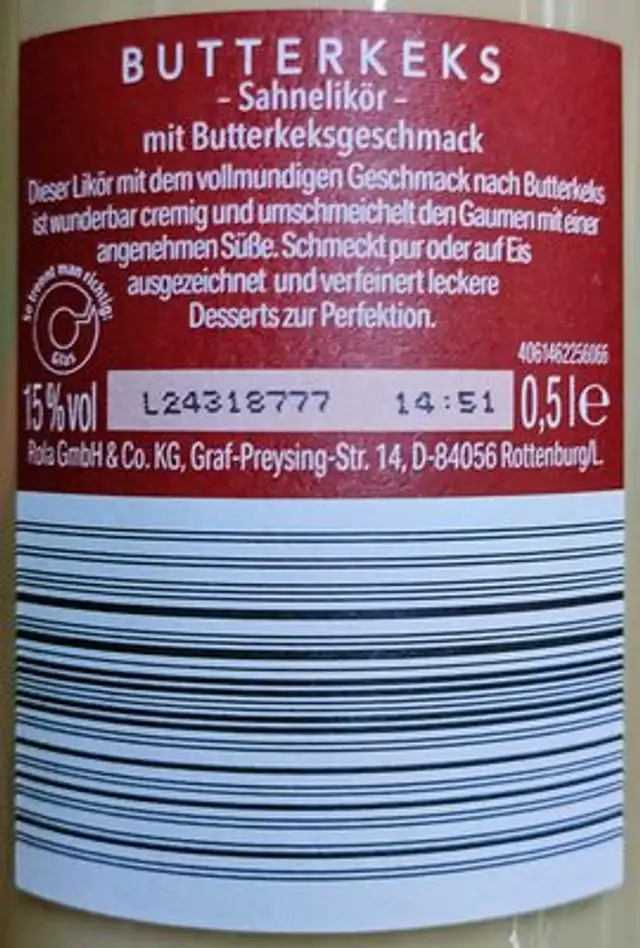 Sahnelikör Butterkeksgeschmack ingredients label