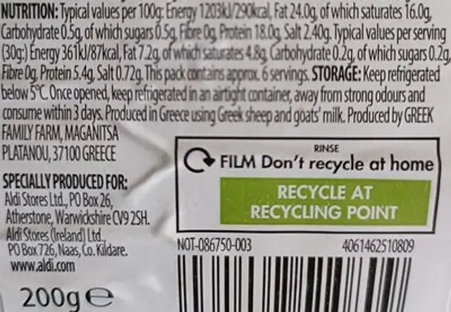 Emporium Greek Feta Cheese nutrition facts table