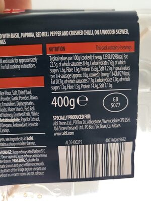 Giant Nduja Pork Suasage Whirl nutrition facts table
