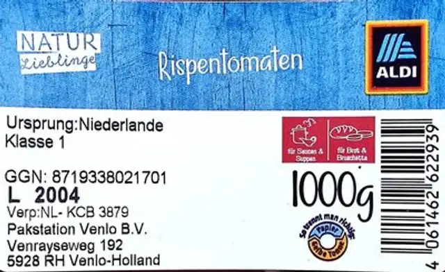 Rispentomaten ingredients label